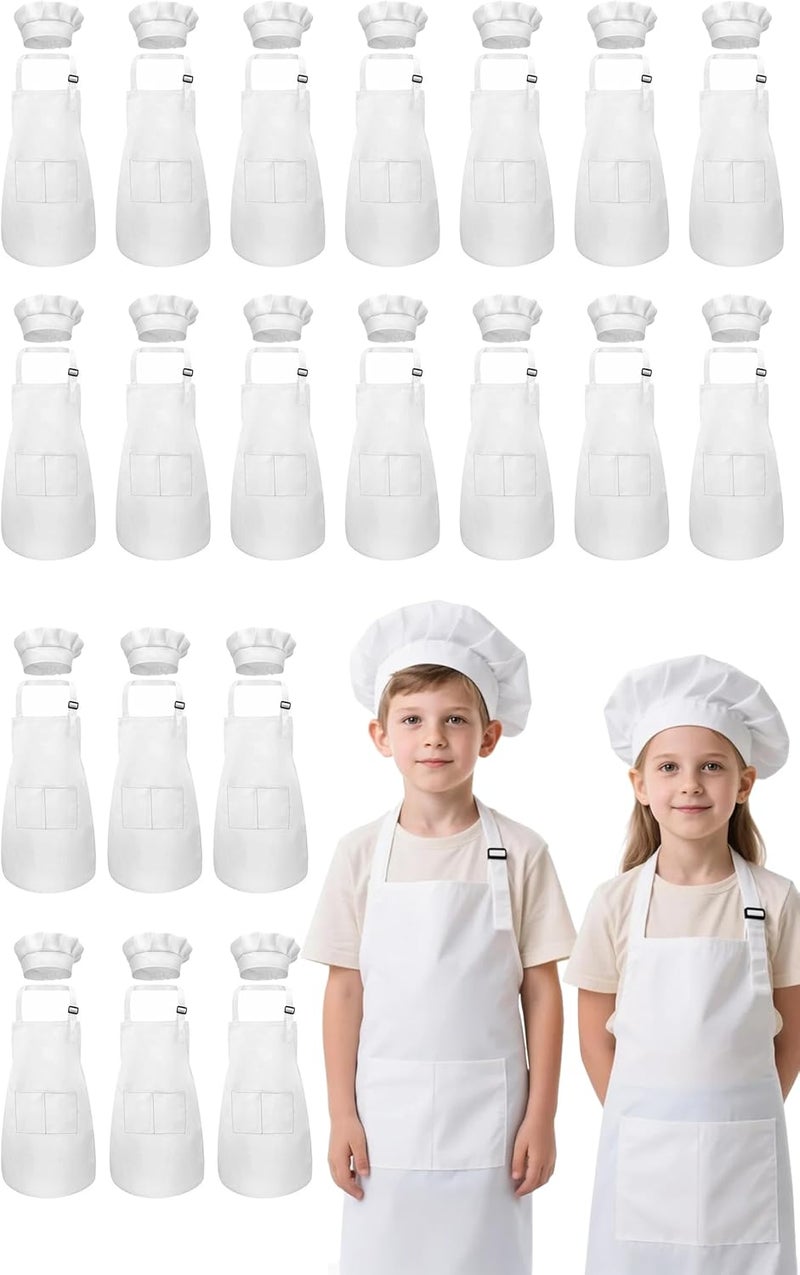 IAGBIBUI Kids Apron and Chef Hat Set, 40 Pieces Boys Girls Kids Apron with 2 Pockets Adjustable for Cooking Classroom Baking Painting, 6-13 Years, White - Image 1